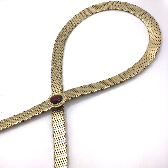 Vintage Goldtone Mesh Collar Necklace Pink Stone Center Snap Fashion Jewelry 28" - Picture 13 of 16